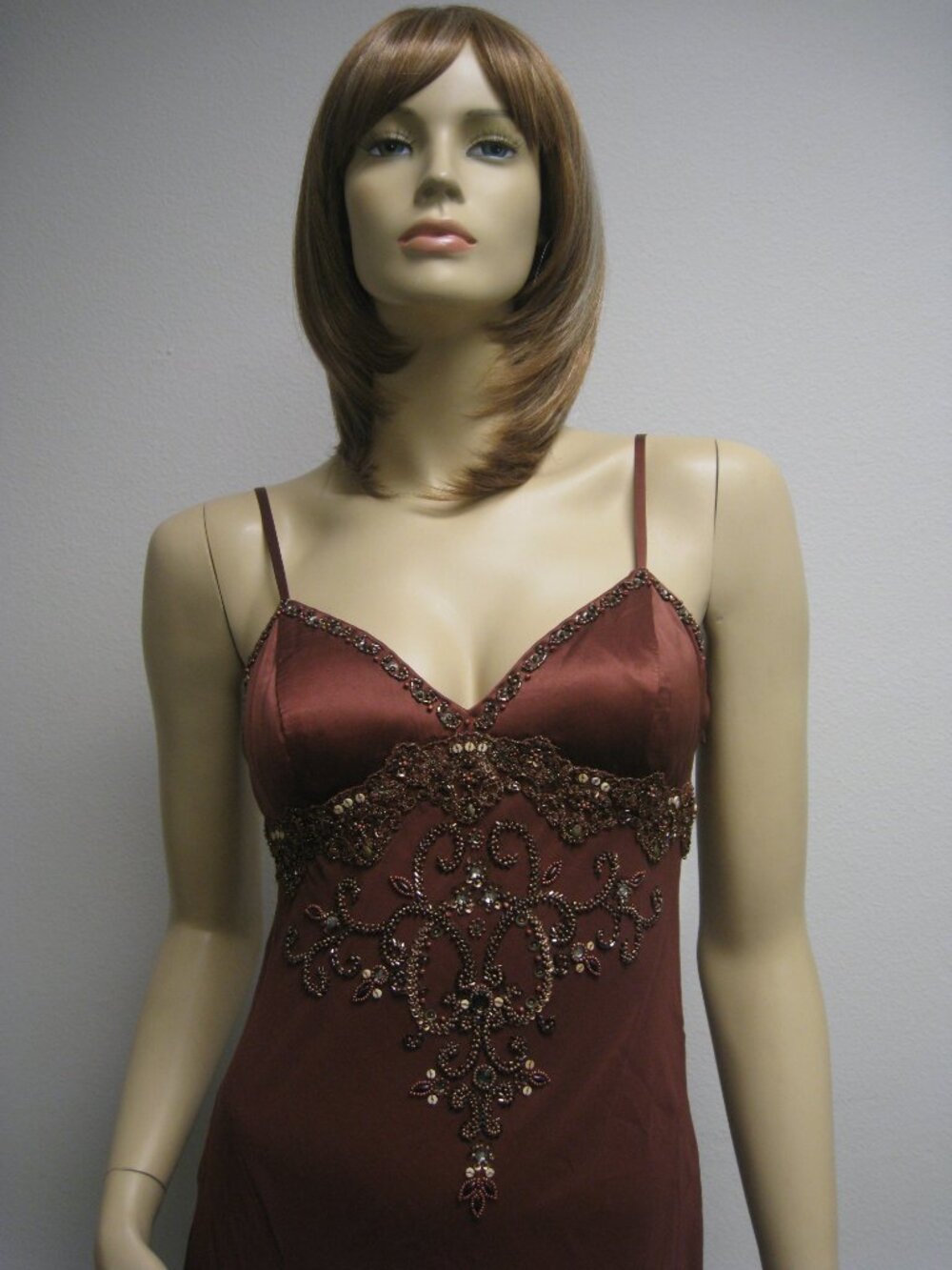 Sue Wong Dress Y2K Sexy Beaded 48 Cocktail Brown Chocolate Midi SILK Copper New - Picture 4 of 16
